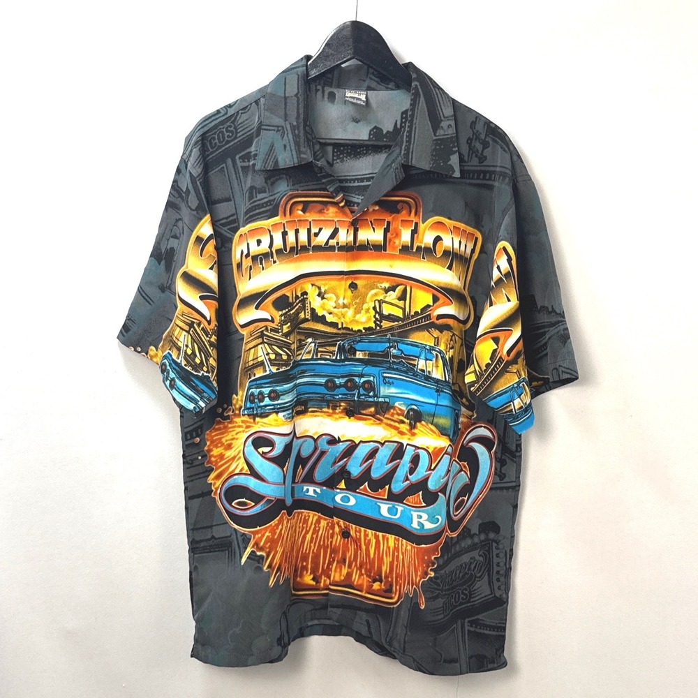 Vintage Cruizin Low Scrapin Tour Lowrider Graphic Button Up Shirt Mens Large